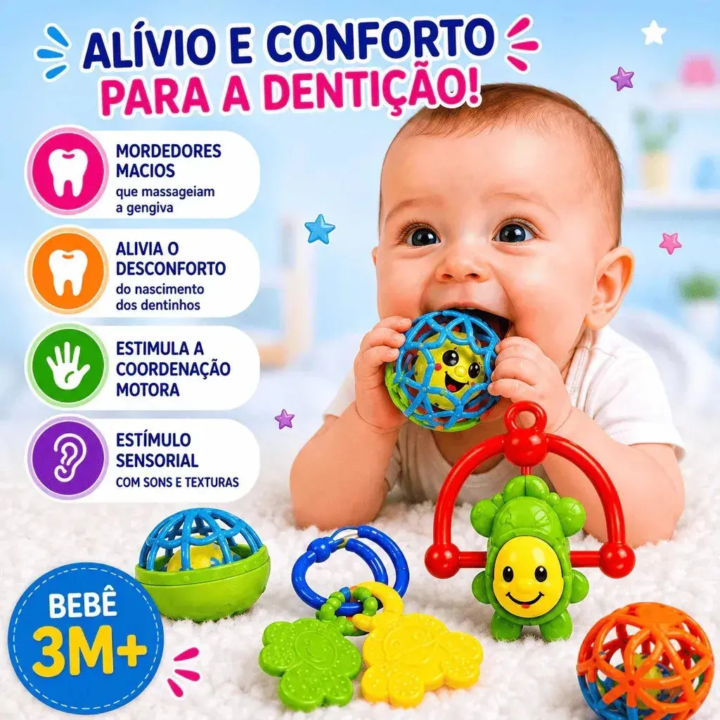 Kit Mordedor para Bebê brinquedo Sensorial Silicone com Chocalho 8 Peças Coloridas thumbnail 3