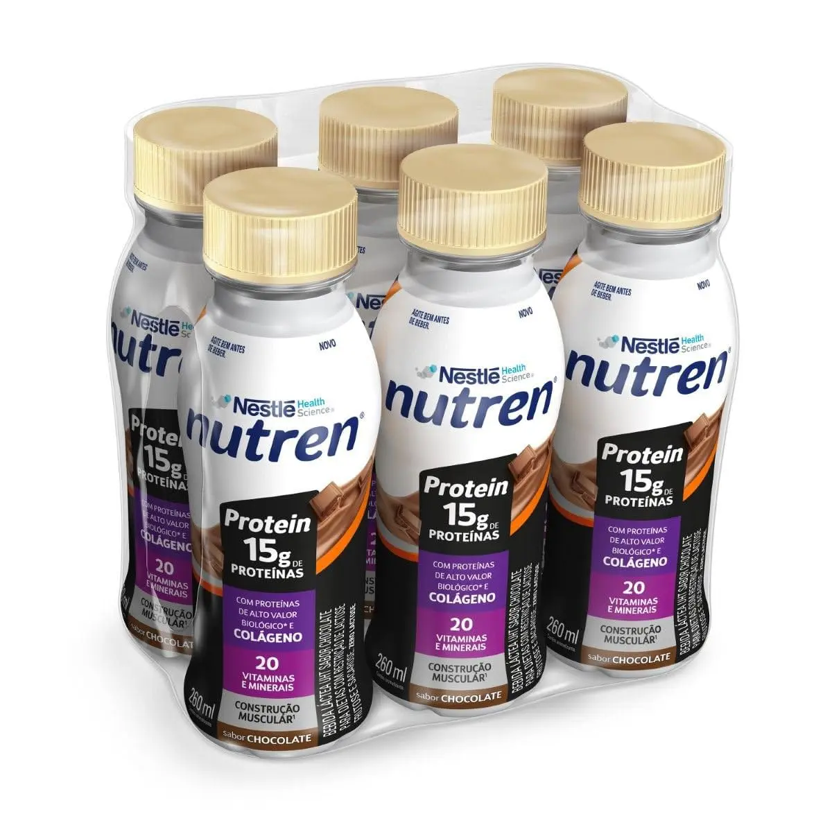 Bebida Láctea Nutren Protein 15g de proteínas Chocolate 260ml com Colágeno - 6 Unidades - 1