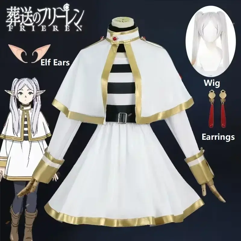 Fantasia de Cosplay Sousou No Frieren com Peruca, Sapatos, Figuras de Anime, Vestido de Mágico, Orelhas de Elfo para Festa de Halloween e Natal para Mulheres