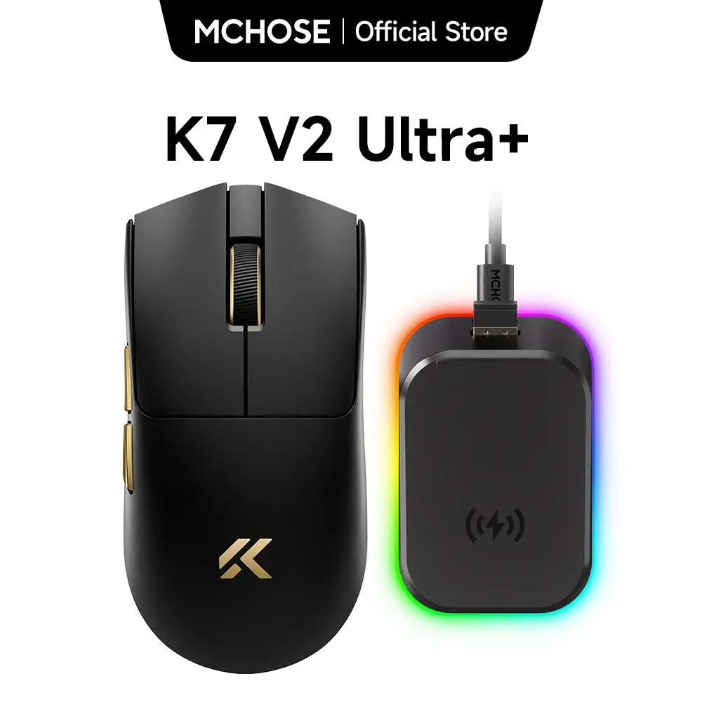 Mouse Gamer Sem Fio MCHOSE K7 V2 PAW3955 TI com Taxa de Polling Dupla de 8K, 50000DPI, Leve, com Base de Carregamento Magnética Sem Fio para Esports