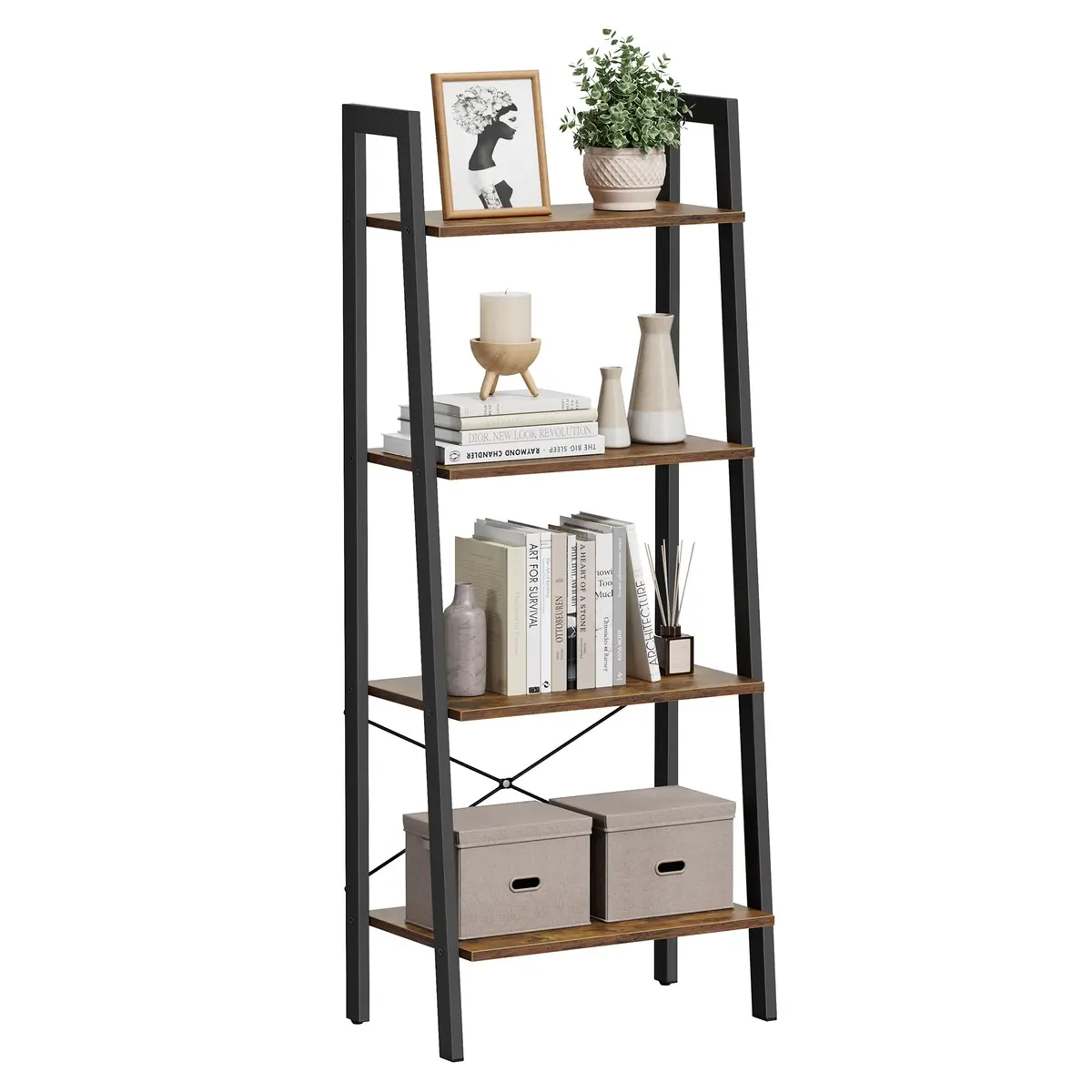 VASAGLE Estante Escada, Estante de Livros com 4 Níveis, Quarto, Cozinha, Escritório, Estilo Industrial, Estrutura de Aço, Marrom Rústico e Preto Tinta BRLLS44MBV2 - 1