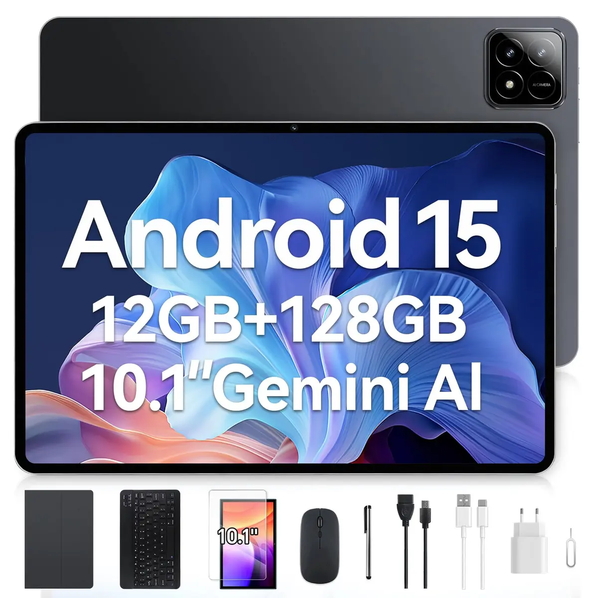 Tablet Xixaomiro S11 Pad 10.1" Android 15, 128GB ROM + 12GB RAM, Tela 120Hz, Octa-Core, Câmera 13MP + 5MP, Bateria 8000mAh, Kit com Teclado, Mouse e Caneta Stylus para Trabalho e Estudos (Cinza claro)
