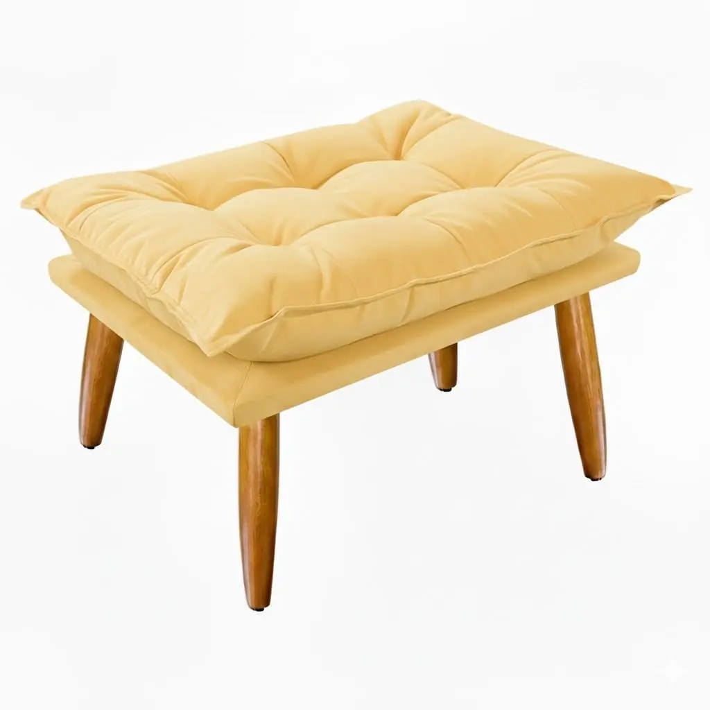 Puff Decorativo 55x35x42 cm em Suede com Pés de Madeira(AMARELO) | Puff compacto em suede com pés palito de madeira, ideal como assento auxiliar, apoio para os pés ou complemento decorativo.