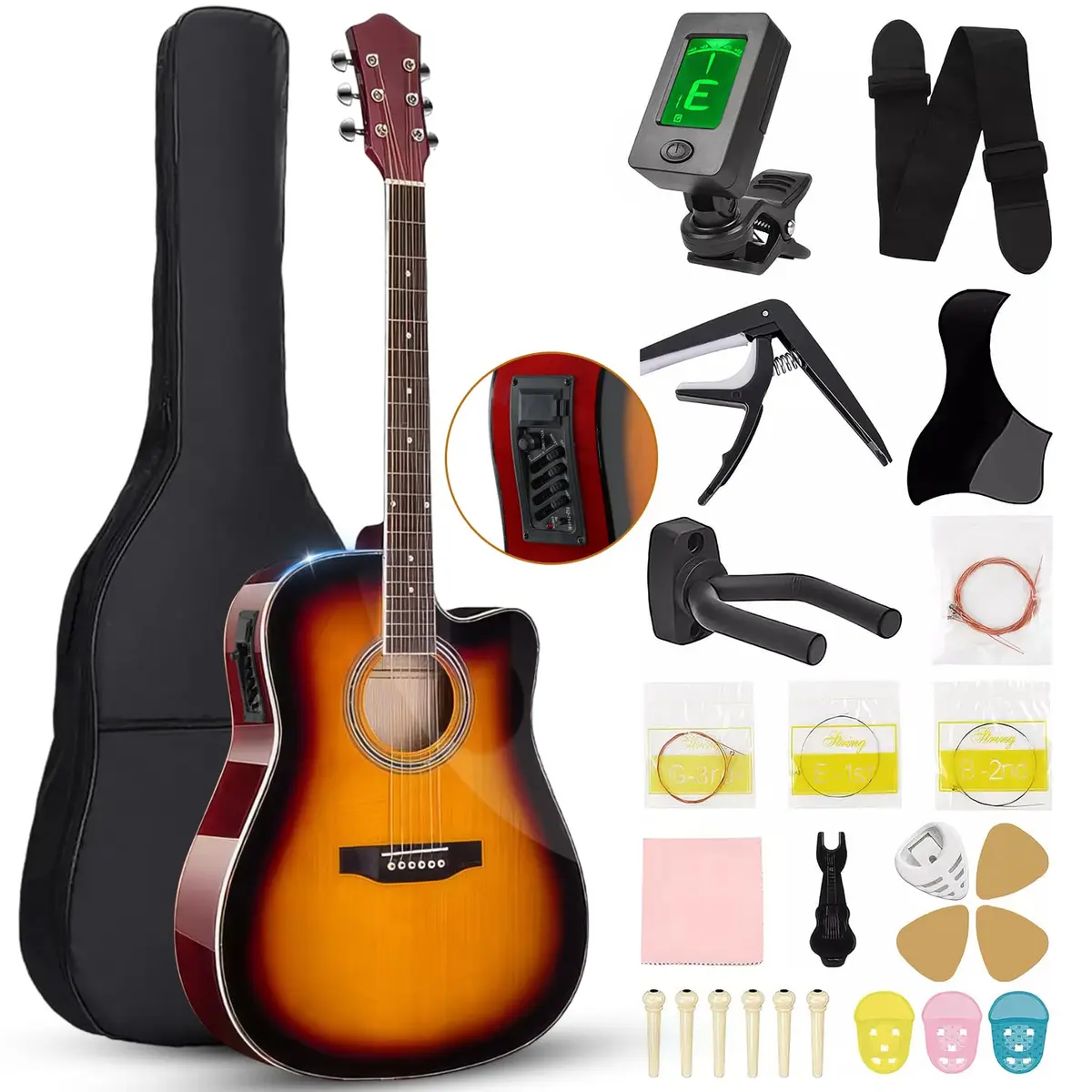 38 Polegadas Guitarra EletroacúStica Kit, Corpo de Violão em Tília | 6 Cordas de Aço, com Afinador+Acessório+Estojo, Ideal para Iniciantes e Estudantes de Música (Sunset) - 1