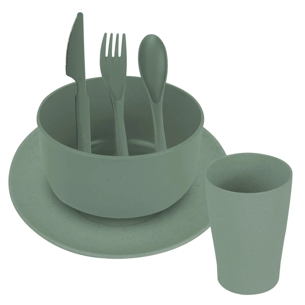 Jogo de 3 Talheres + Bowl e Copo - Fibra de Trigo Poliuretano - 440 ml - Verde - L Hermitage