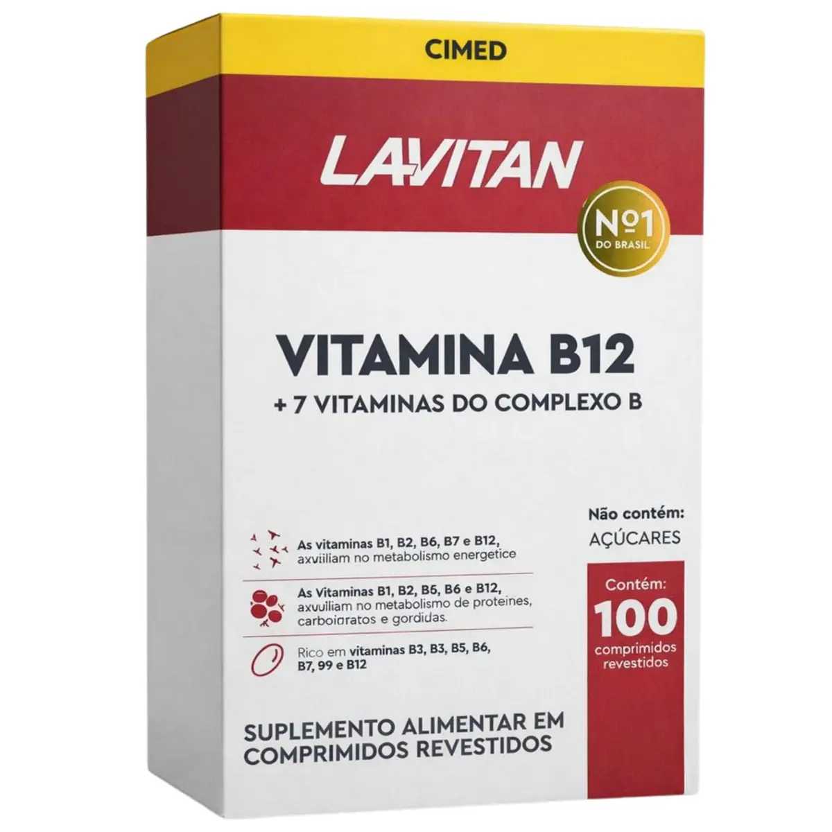 Lavitan Vitamina B12 Suplemento Complexo B Completo Vitaminas B1 B2 B3 B5 B6 B7 B9 Adulto 100 Comprimidos Revestidos Suplemento Alimentar Vitamina Cianocobalamina
