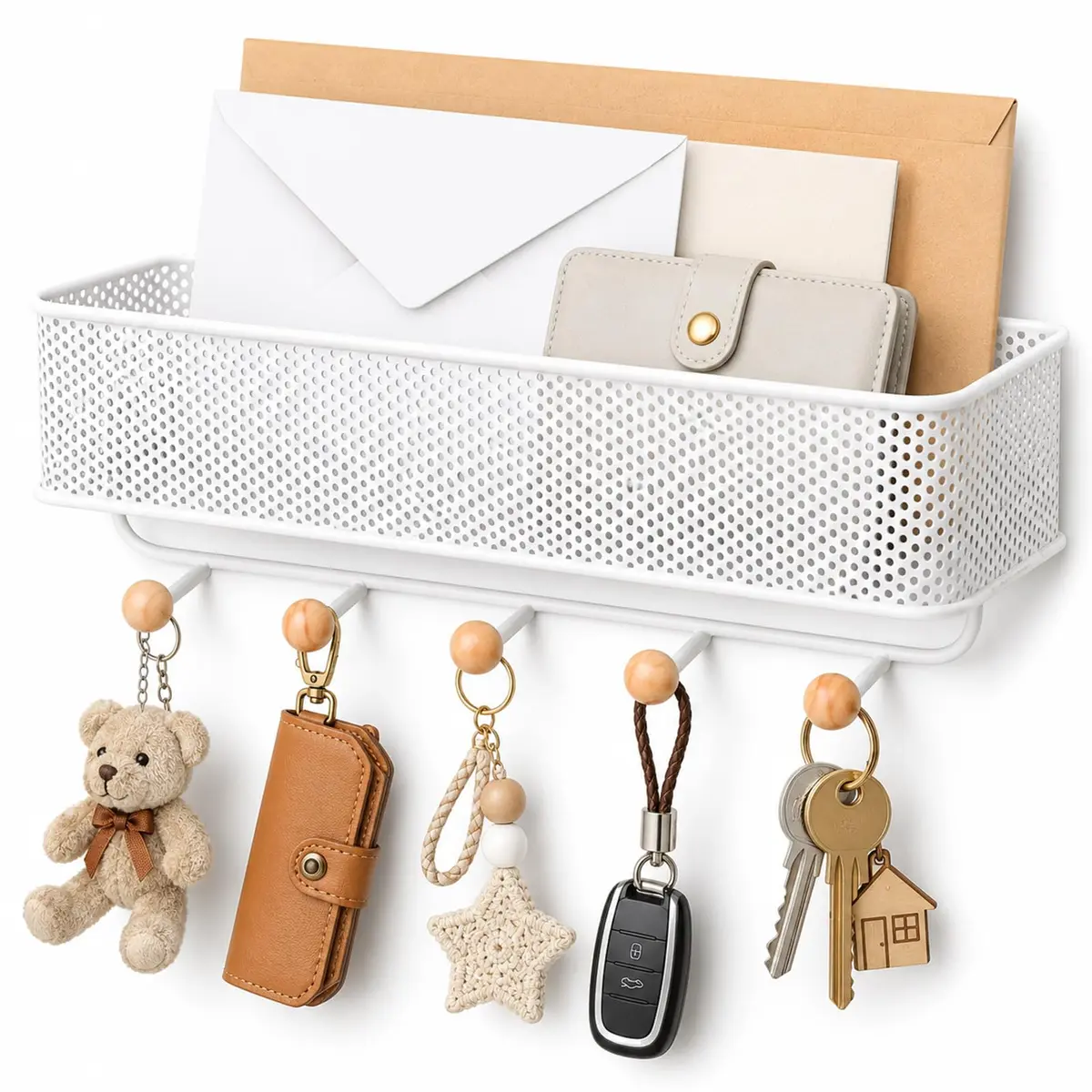 Porta Chaves Parede Dupla Instalação, Cabideiro De Parede, Suporte Multifuncional De Chave, Porta Chaves, Estique Organizador De Entrada, 31.8x9.5x9.5cm (Branco)