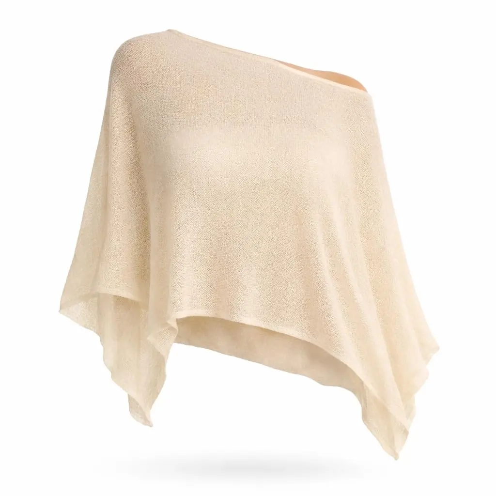 Poncho Feminino Bege com Transparência em Tricô Vazado, Saída de Praia Leve Tipo Shawl com Caimento Solto para Verão, Dia a Dia, Praia, Piscina e Resort