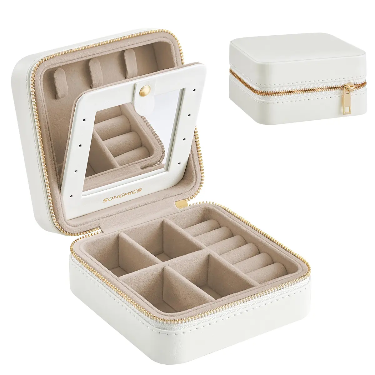 SONGMICS Caixa de Joias de Viagem 11,4 x 11,4 x 5,5 cm com Espelho Interno, Estojo de Joias em Couro PU para Mulheres, Organizador Pequeno, Portátil, Ideia de Presente, Branco Nuvem BRJBC146BEV2