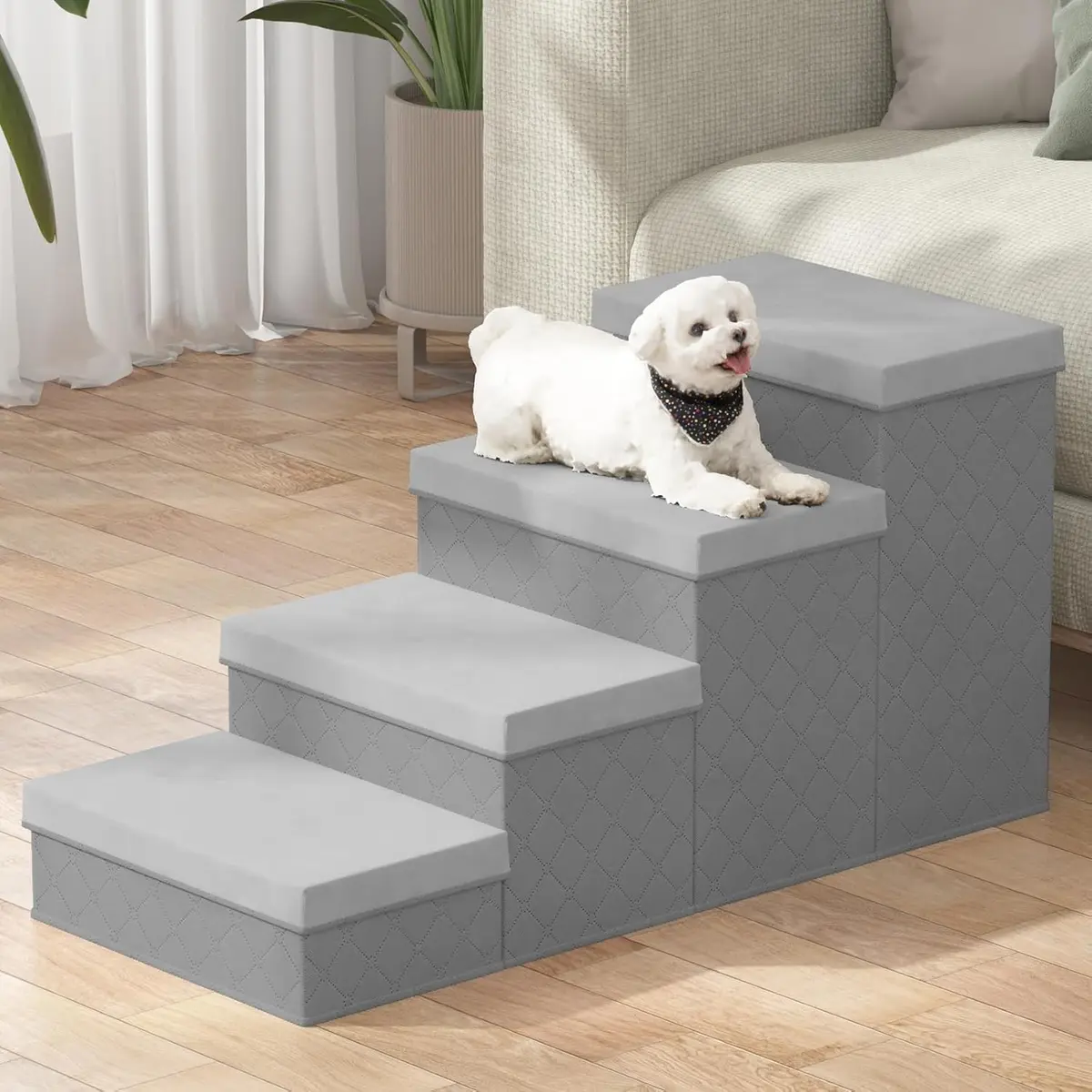 Escadas Pet, Com 4 Degraus Seguro, Escadas Dobrável para Animais Idosos com Função de Armazenamento Compacta, Cor Cinza Ideal para Cães e Gatos
