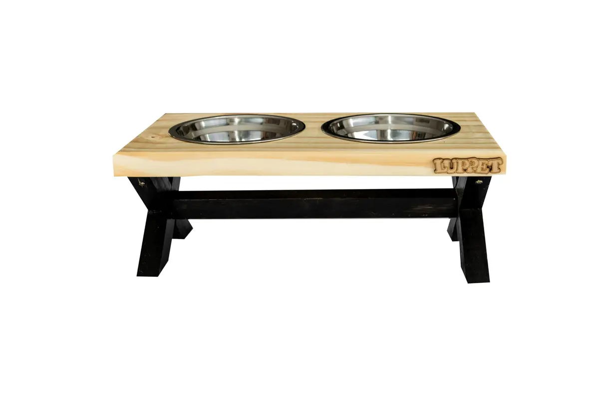 Comedouro para Cães e Gatos Paris Elevado com potes Inox Preto com Madeira de Pinus em Verniz P - 1