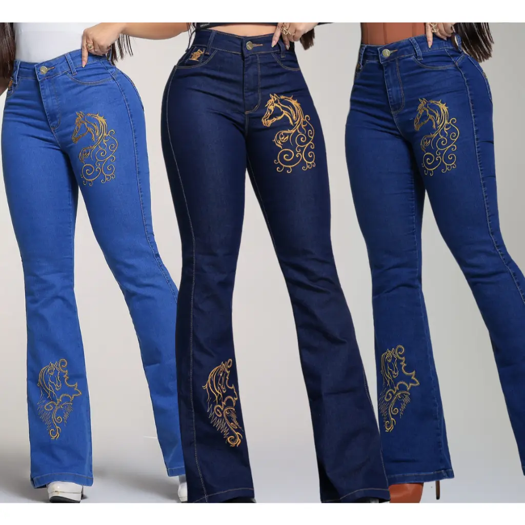 Calças Jeans Feminina Bordada Flare Com Elastano Country Rodeio Tecido Reforçado Flaer Lycra Calça Jeans Feminina
