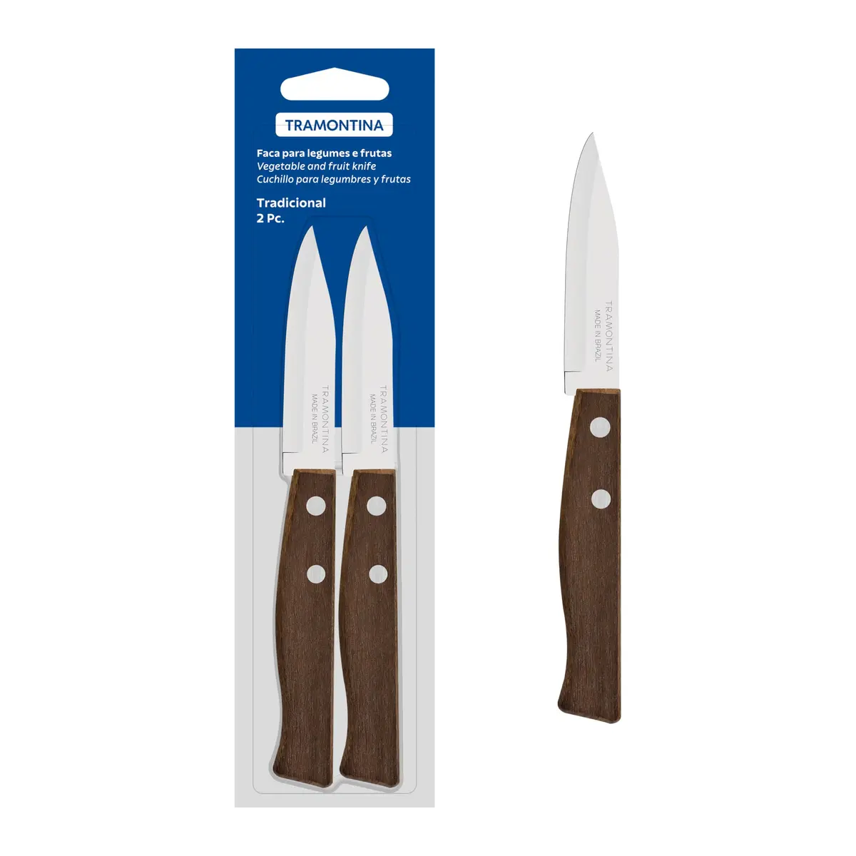 Conjunto De Facas Para Legumes E Frutas Tramontina Tradicional Com Lâminas Em Aço Inox E Cabos De Madeira Natural 02 Peças - 1