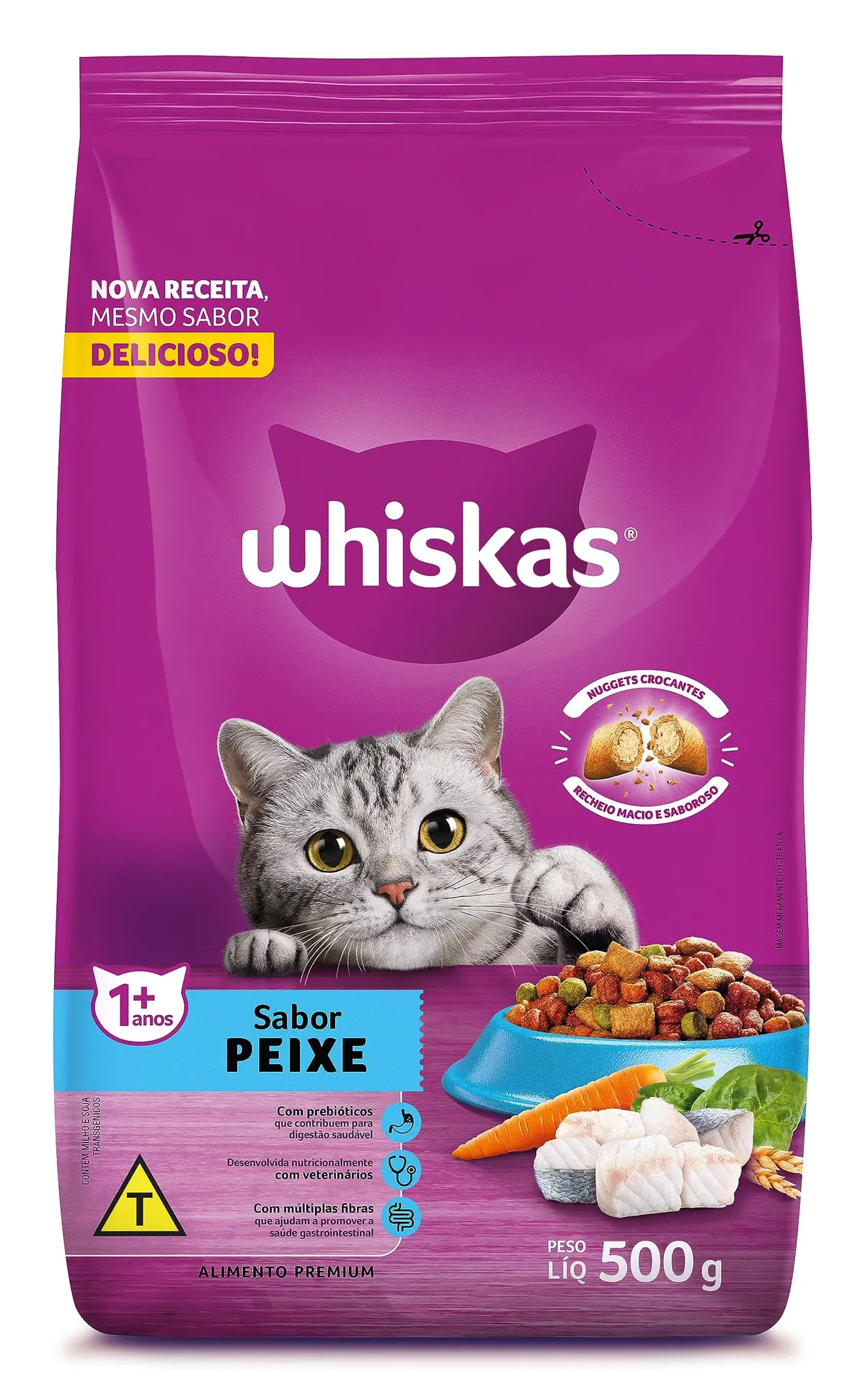 Ração Seca para Gatos Adultos Whiskas, Peixe, 500g