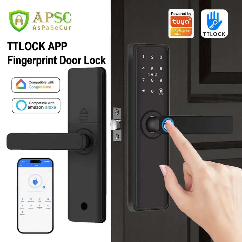 Sistema de Fechadura de Porta com Impressão Digital TTLOCK APP, Fechadura Inteligente Bluetooth RFID com Cartão IC, Fechadura Eletrônica Digital de Segurança com Chave para Casa