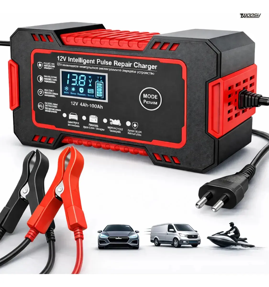 Carregador Inteligente De Bateria Automotiva 12v 6a Bivolt Recupera Baterias 4ah A 100ah Todos Veículos Moto Carro Caminhão Barco Woosh - 1