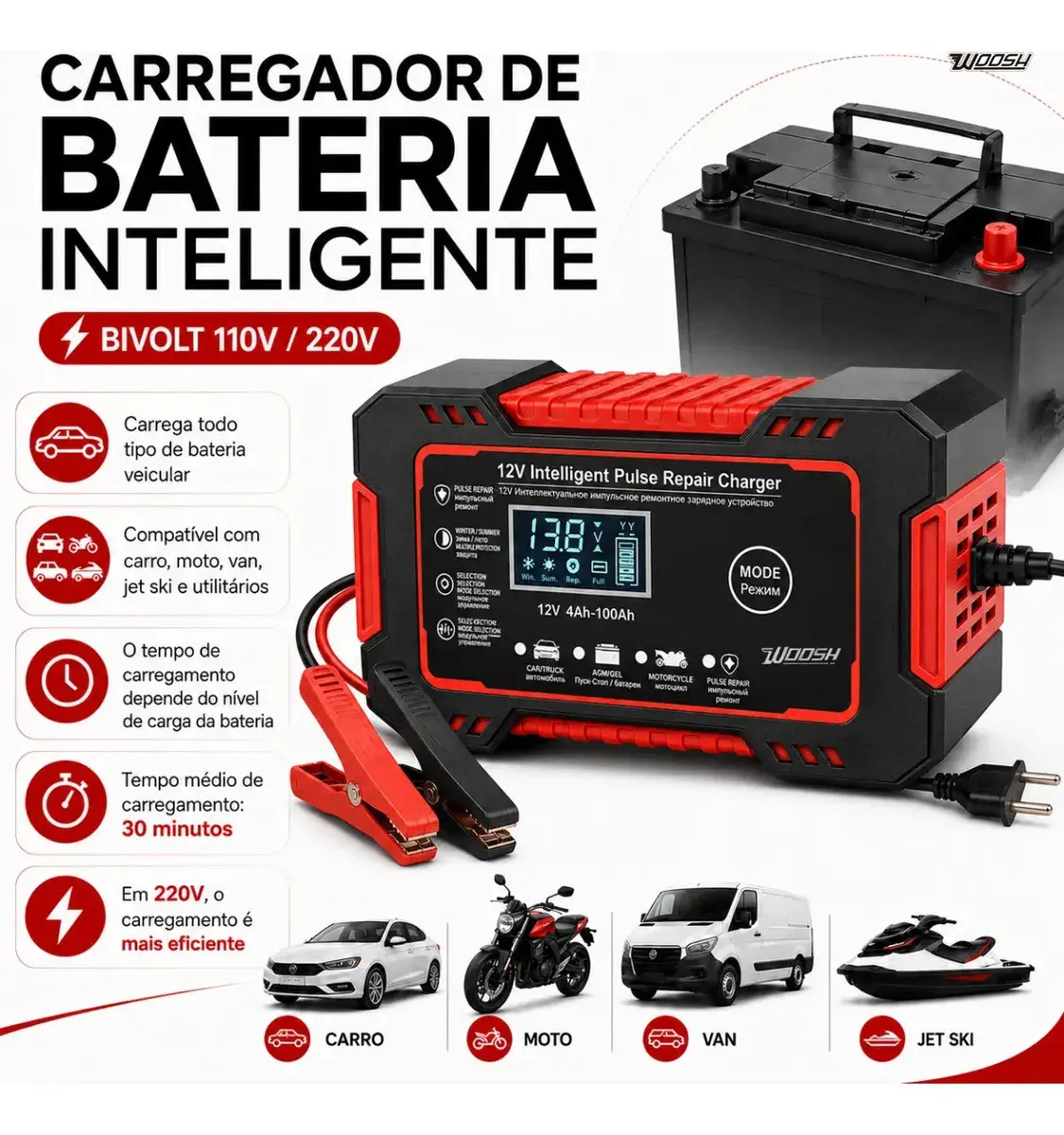Carregador Inteligente De Bateria Automotiva 12v 6a Bivolt Recupera Baterias 4ah A 100ah Todos Veículos Moto Carro Caminhão Barco Woosh thumbnail 3