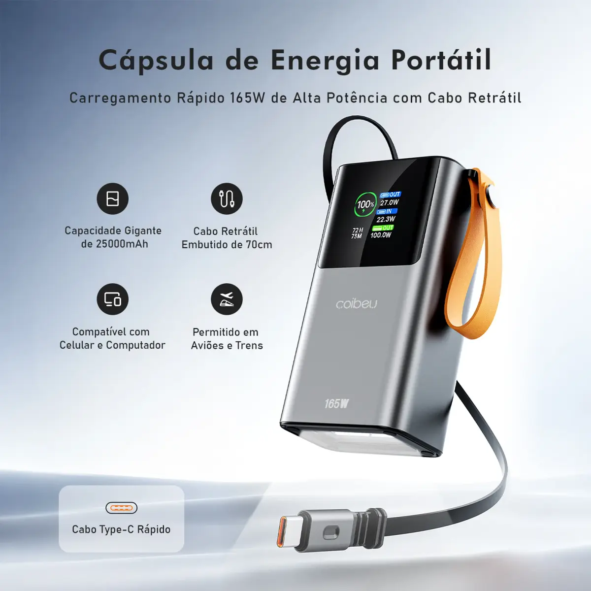 Power Bank 25000mAh 165W Carregamento Rápido Cabo Retrátil Type-C Display Digital Lanterna para Notebook e Celular - 1