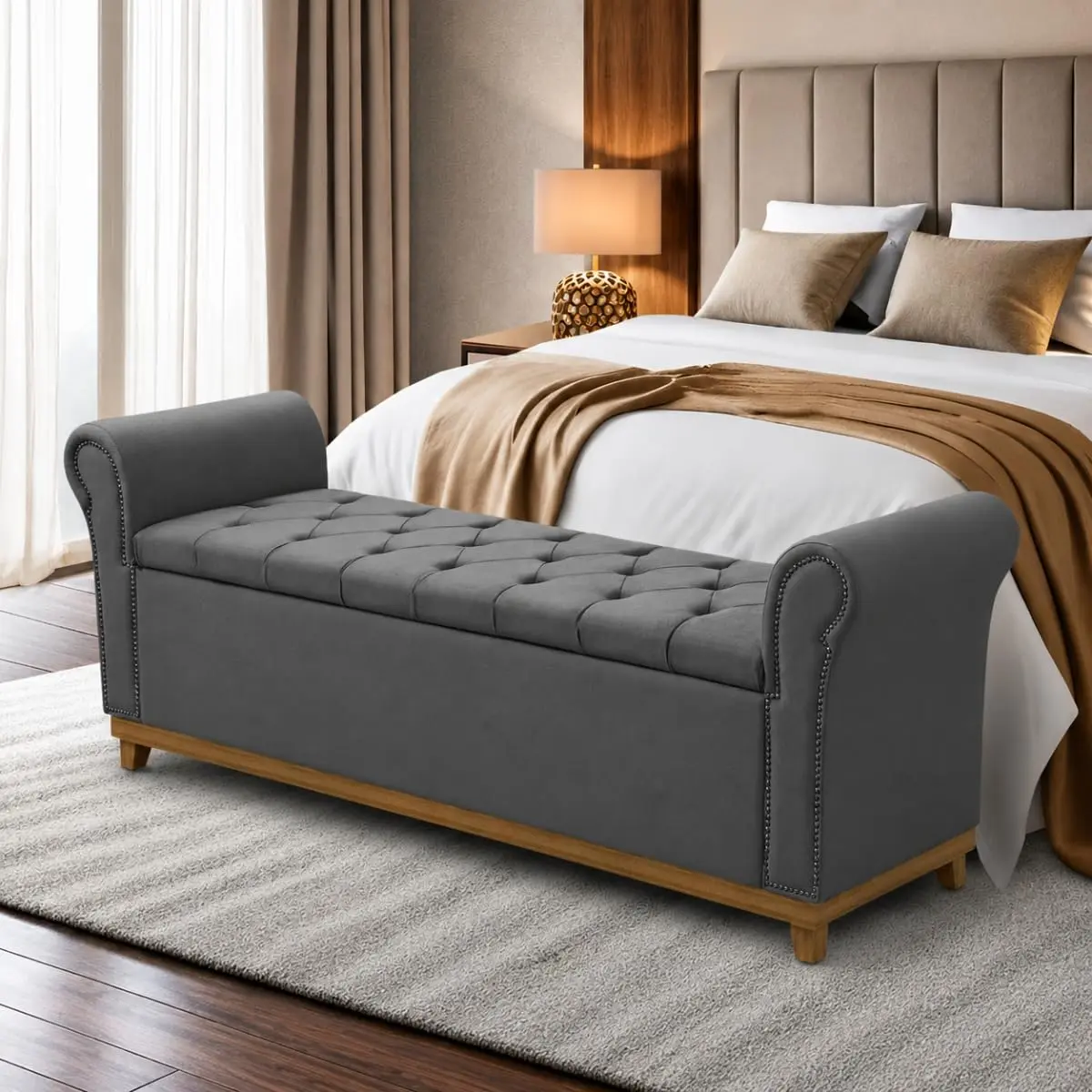 Baú Para Quarto Cama Box Queen Size Grécia Madeira Estofado (Cinza)