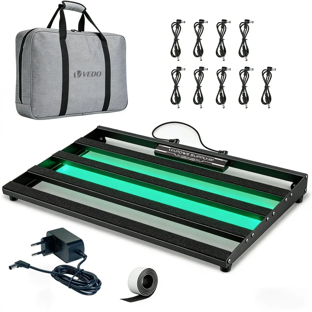 VEDO Pedalboard com fonte de alimentação integrada, 48,3 x 31 x 4,6 cm, 1,35 kg, em liga de alumínio, para guitarra, com bolsa de transporte, cabo para pedal e placa adesiva com ganchos VDG88015
