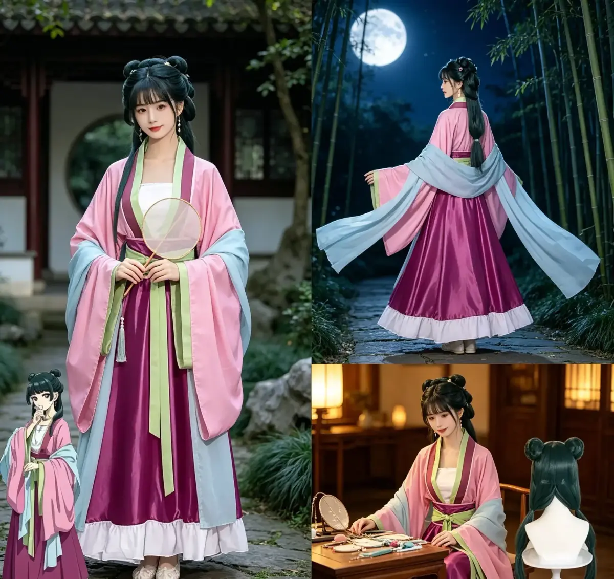 Fantasia de Cosplay Maomao com Peruca Anime The Apothecary Diaries Vestido Rosa para Festa de Halloween para Mulheres