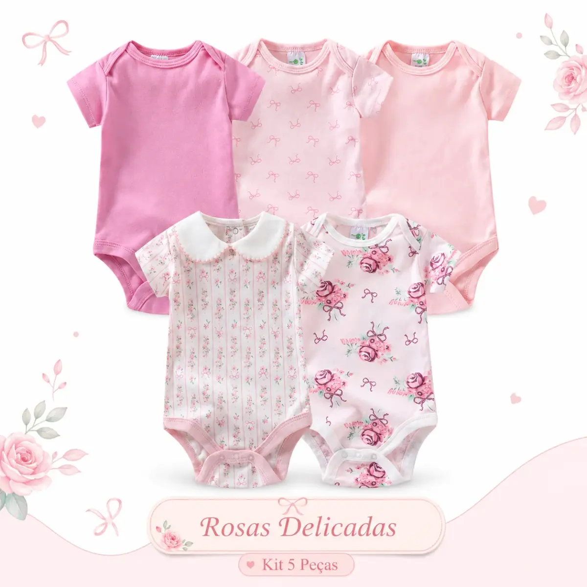 Kit 5 Bodies para Bebê Menina, Manga Curta, Estampa de Rosas e Laços, Cores Rosa e Branco