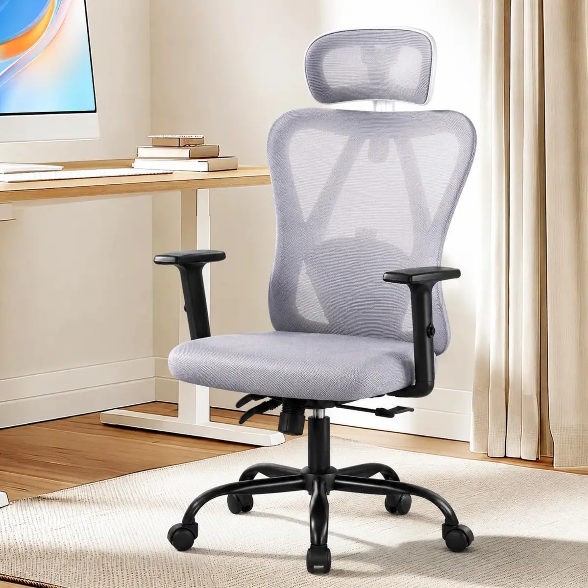 Cadeira de Escritório Ergonômica Cinza, Mesh Respirável com Apoio Lombar | Altura Ajustável, Home Office, Design Giratório