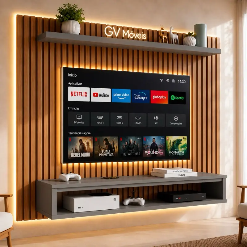 Painel de TV 60 Polegadas Ripado / Cinza 3D Industrial Com Nicho Amplo e Prateleira Superior - Sala