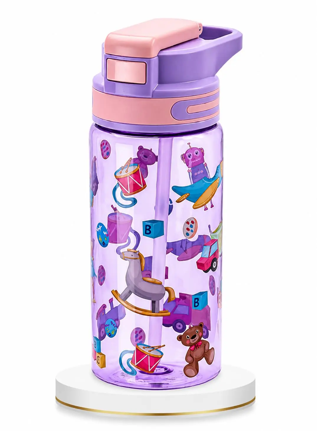 Garrafa de Água Infantil com AutoSpout, Canudo de Silicone, Tampa Antivazamento, Garrafinha Infantil 430 ml com Alca e Trava Livre de BPA, Estampas Divertidas, para Crianças (Lilas)