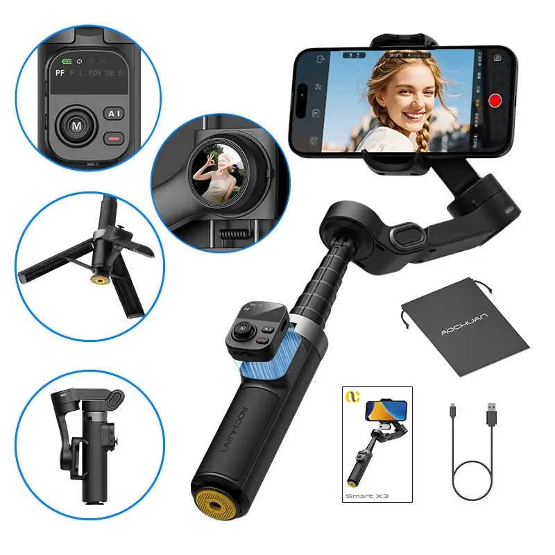 Estabilizador Gimbal Inteligente AOCHUAN X3 de 3 Eixos com Haste Telescópica Integrada para Gravação de Vídeos com iPhone e Smartphones Android - 1