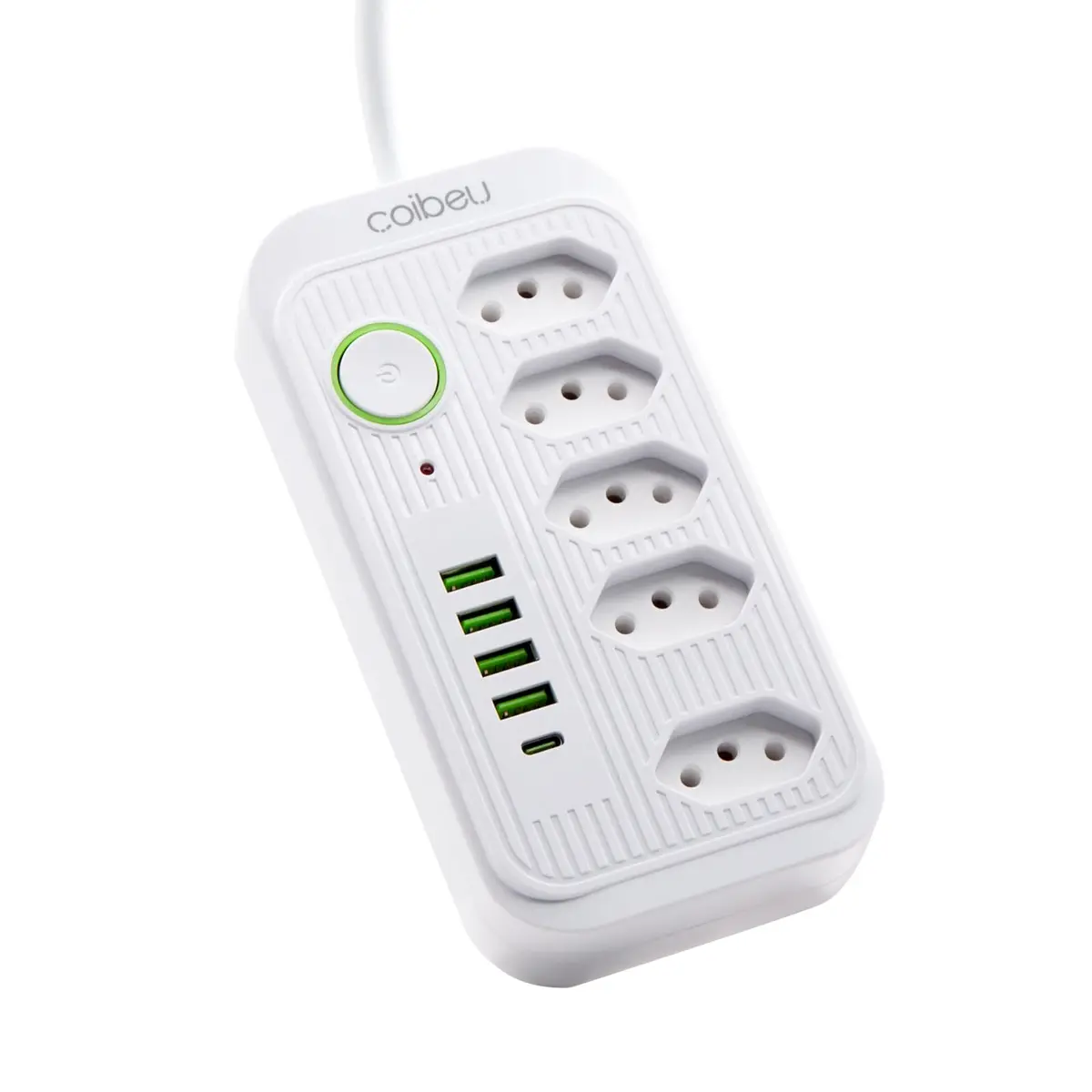 Extensão Tomada, Régua Tomada, Régua de Energia, 5 Tomadas, 4 Interfaces USB, 1 Porta USB Tipo-C, Cabo de Alimentação de 5 Metros, Suporte a Tensão de 110-220V, Potência de 2500W, Branco