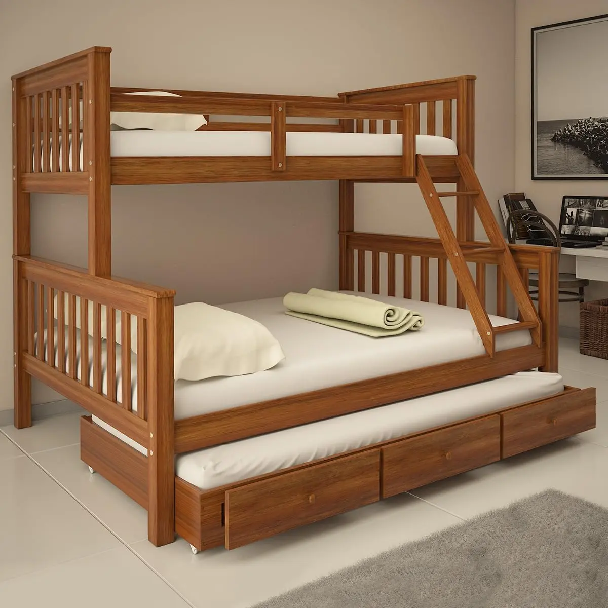 Treliche Com Gavetas Cama Casal Solteiro De Madeira Flex Exclusivo Totalità Castanho Claro - 1