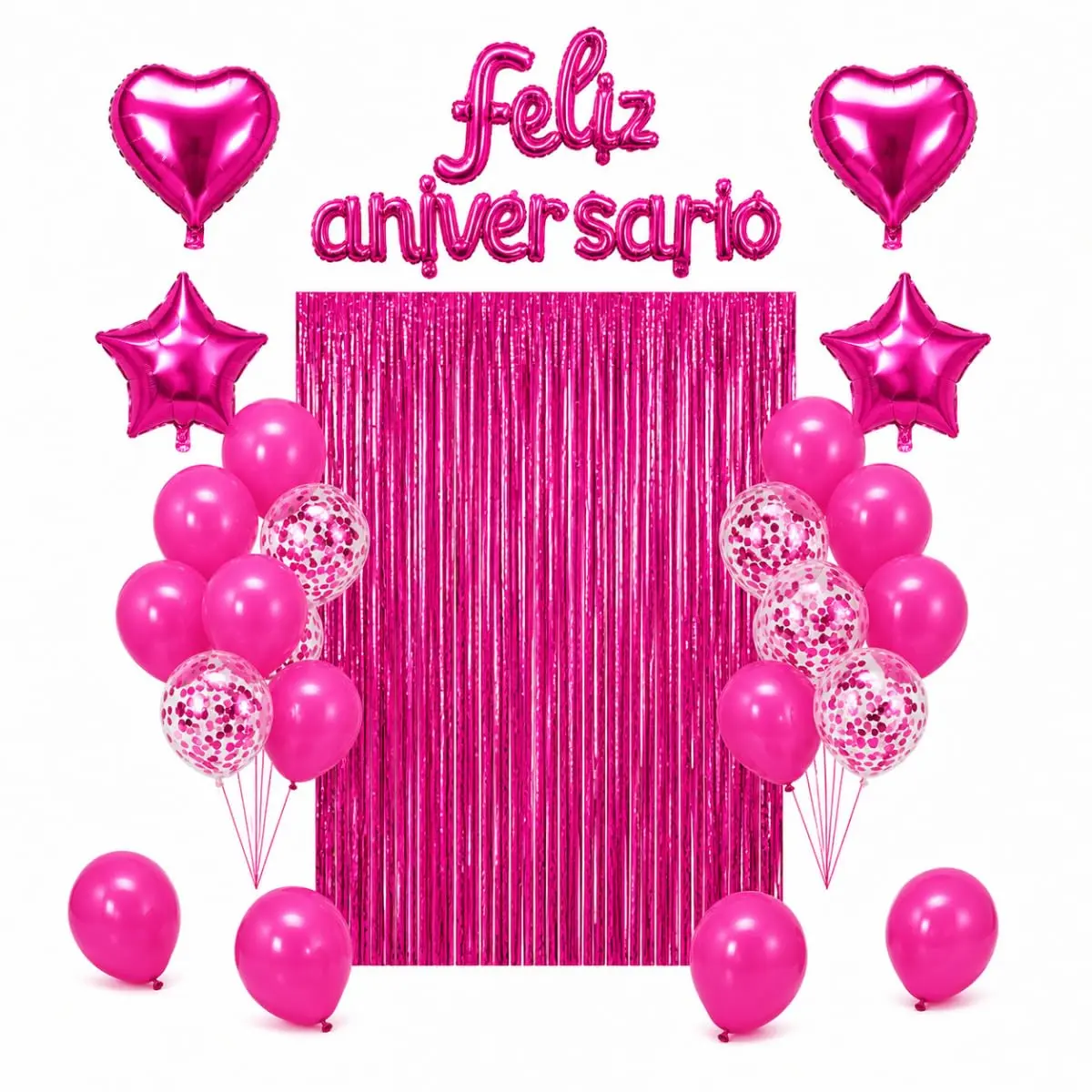 Kit Feliz Aniversário 26 Peças com Balões Cortina e Letreiro Rosa Pink | Inclui cortina metalizada, balões e letreiro luminoso. Decoração completa para festa
