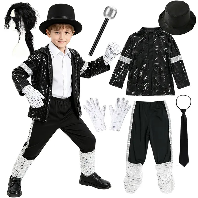 Conjunto de Fantasia Inspirado em Michael Jackson para Meninos com Acessórios Completos para Apresentações de Dança e Festa de Halloween