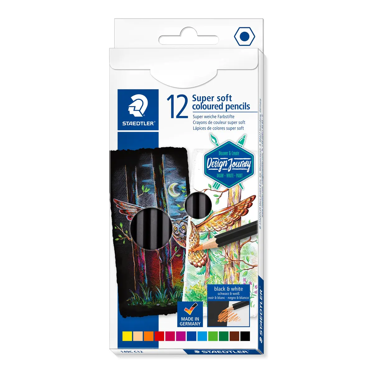 STAEDTLER Lápis de Cor Super Soft Design Journey 12 Cores Brilhantes - 149C C12 - Mina Extra Macia, Alta Cobertura em Papel Branco e Preto, Ideal para Colorir e Desenhar