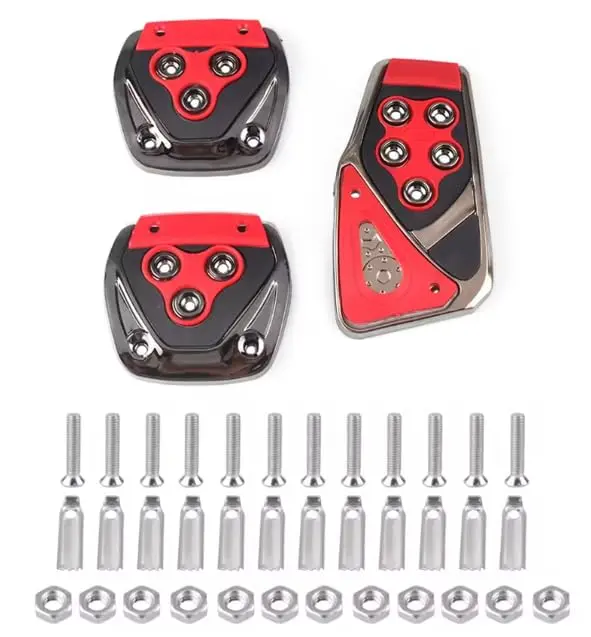 Pedaleiras universais em alumínio antiderrapante para carros manuais - kit 3 peças com fixação por parafusos - Capa de pedal esportiva em liga de alumínio para acelerador freio e embreagem (Vermelho)