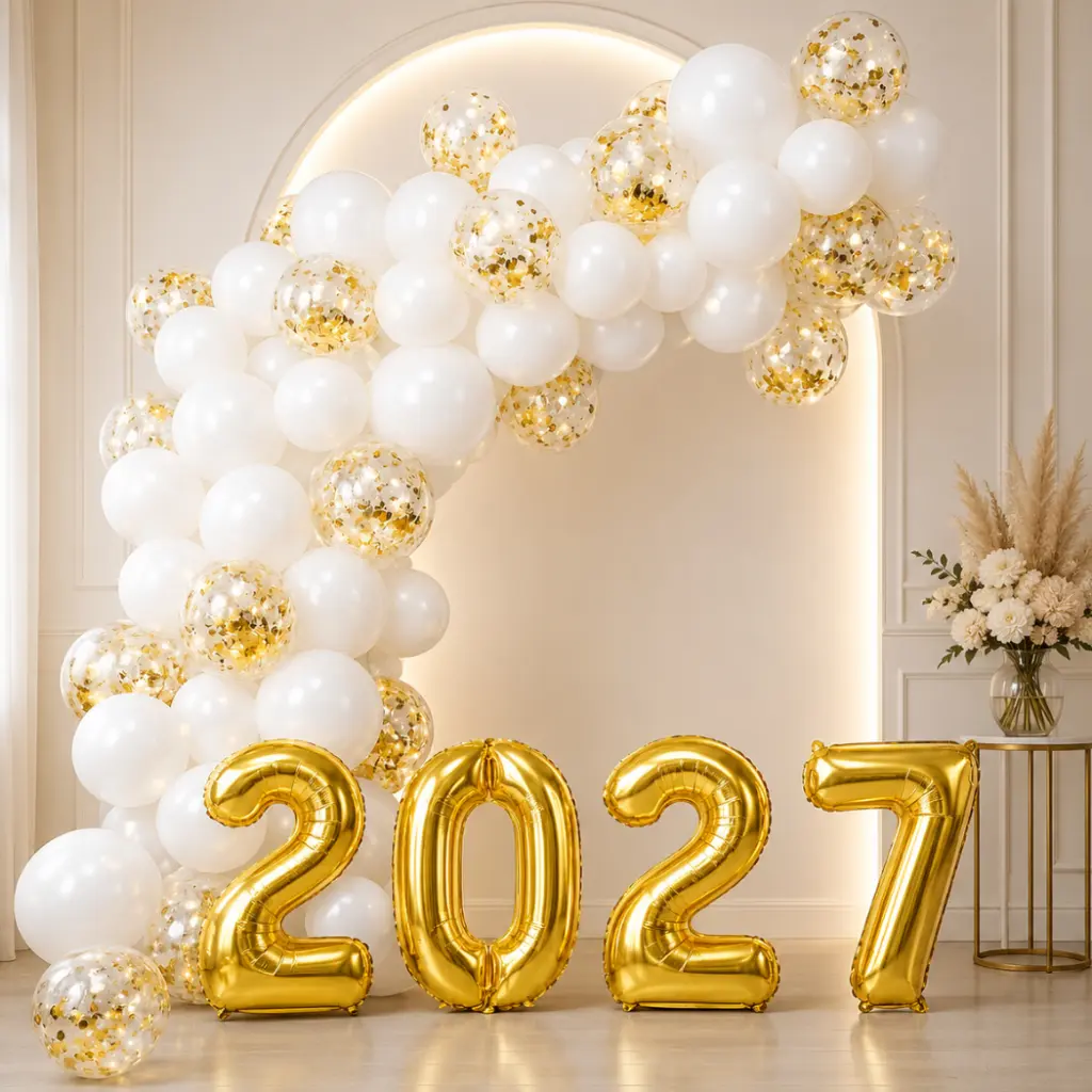 Kit Balão Bexiga Ano Novo 2027 + Numero Metalizado + Branco + Cristal Decoração