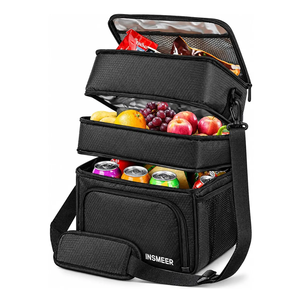 INSMEER Bolsa Térmica Marmita Para Homens, 3 Compartimentos Lancheira Térmica Para Homens Adultos Bolsa Térmica Separada Para Alimentos Quentes E Frios, 3 Compartimentos (Preto) - 1