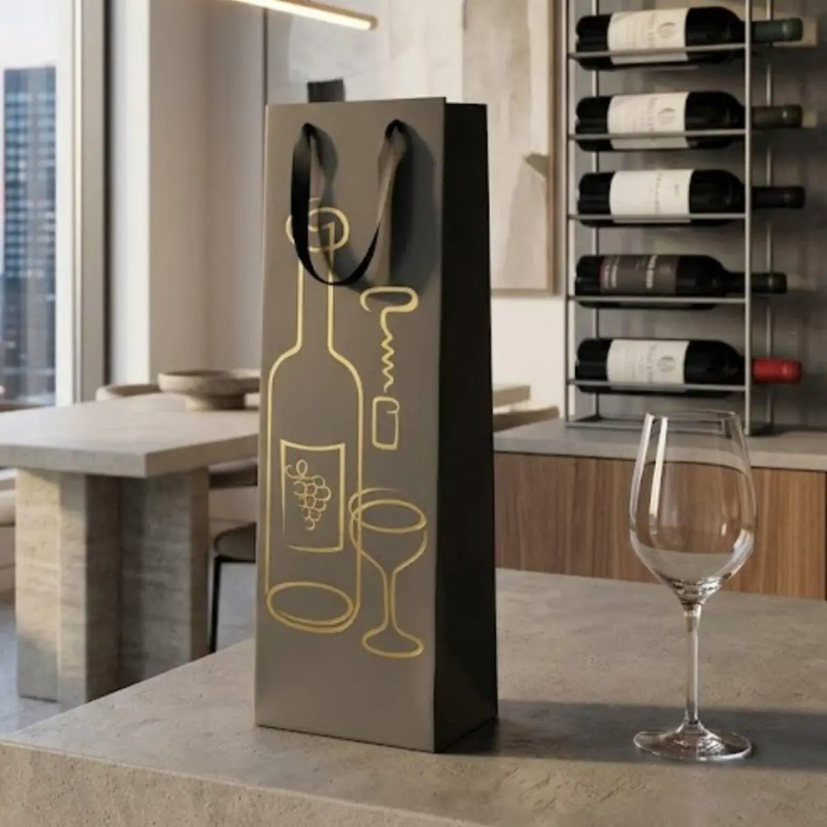 Sacola Para Vinho Presente Luxo Kraft Metalizada com Alça 39x12cm Dia Dos Pais Natal Ano Novo Aniversário Casamento Embalagem Premium