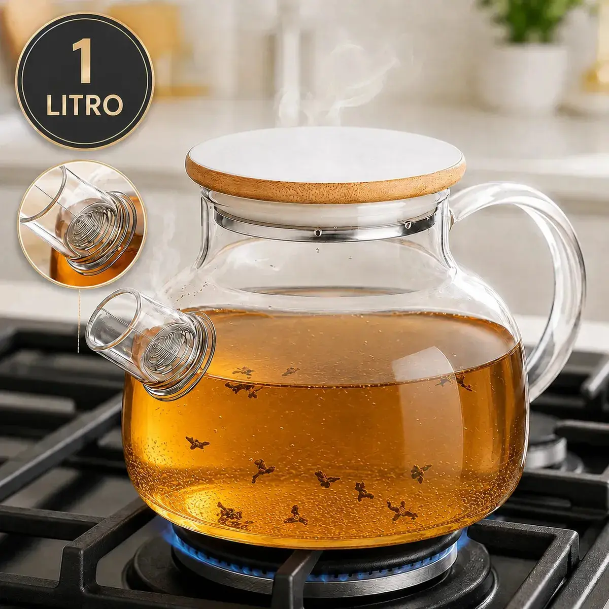 Bule de Vidro Borossilicato 1L 1000ml Chaleira com Tampa de Bambu Filtro Infusor Inox para Chá Café Água Quente Transparente Sólar - 1