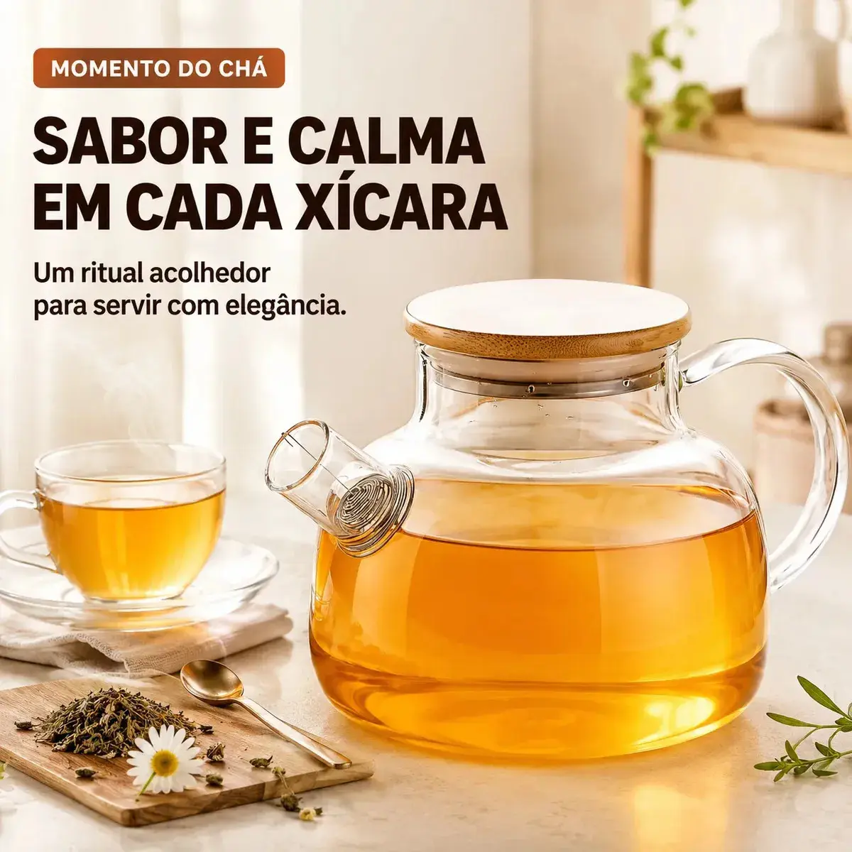 Bule de Vidro Borossilicato 1L 1000ml Chaleira com Tampa de Bambu Filtro Infusor Inox para Chá Café Água Quente Transparente Sólar thumbnail 3