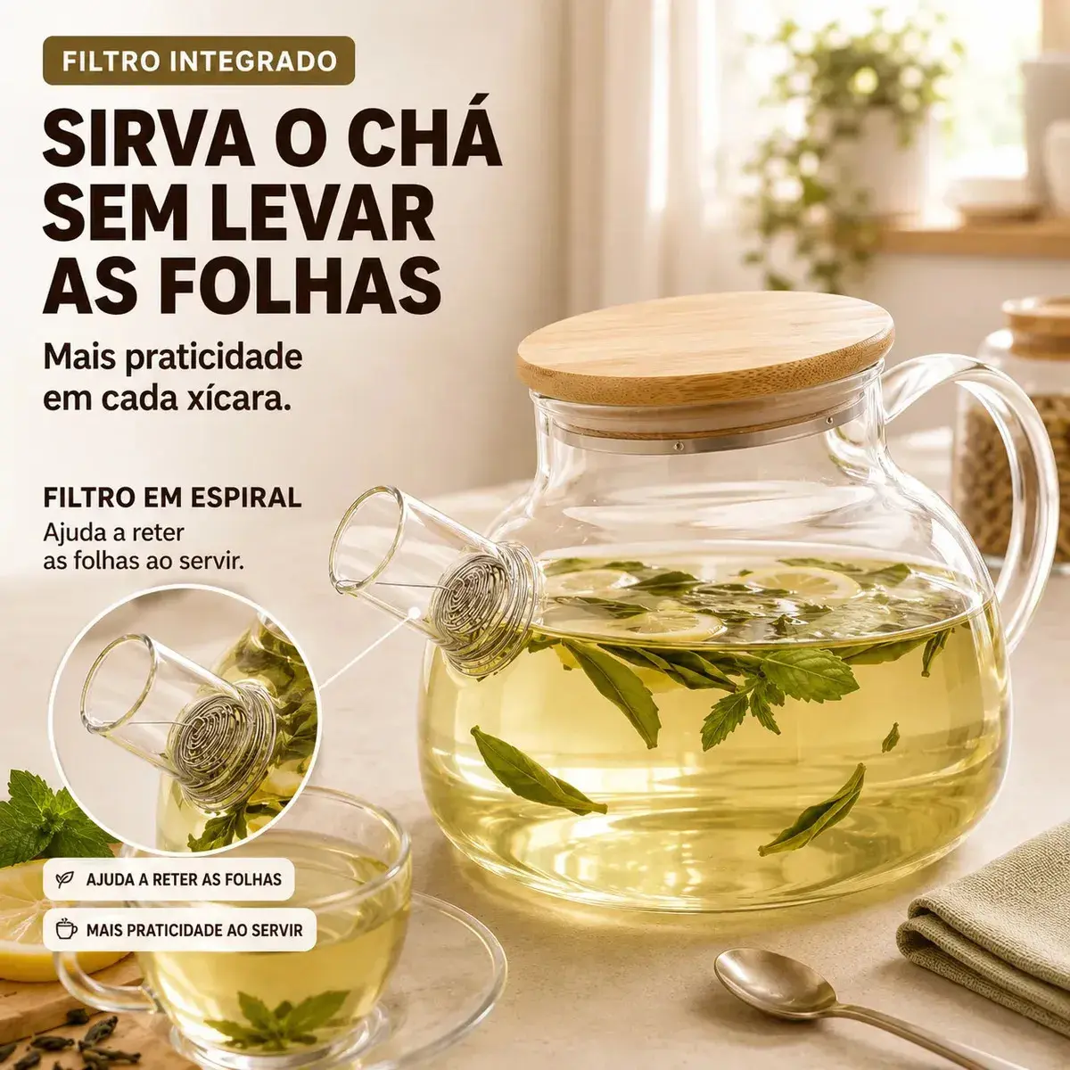Bule de Vidro Borossilicato 1L 1000ml Chaleira com Tampa de Bambu Filtro Infusor Inox para Chá Café Água Quente Transparente Sólar thumbnail 4