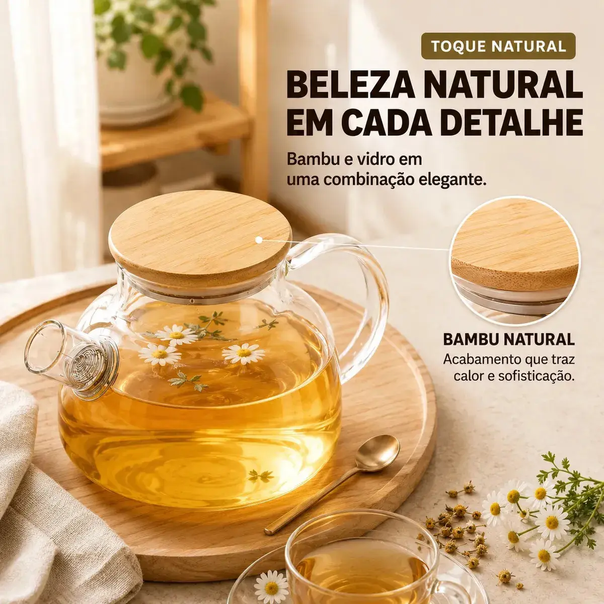 Bule de Vidro Borossilicato 1L 1000ml Chaleira com Tampa de Bambu Filtro Infusor Inox para Chá Café Água Quente Transparente Sólar thumbnail 5