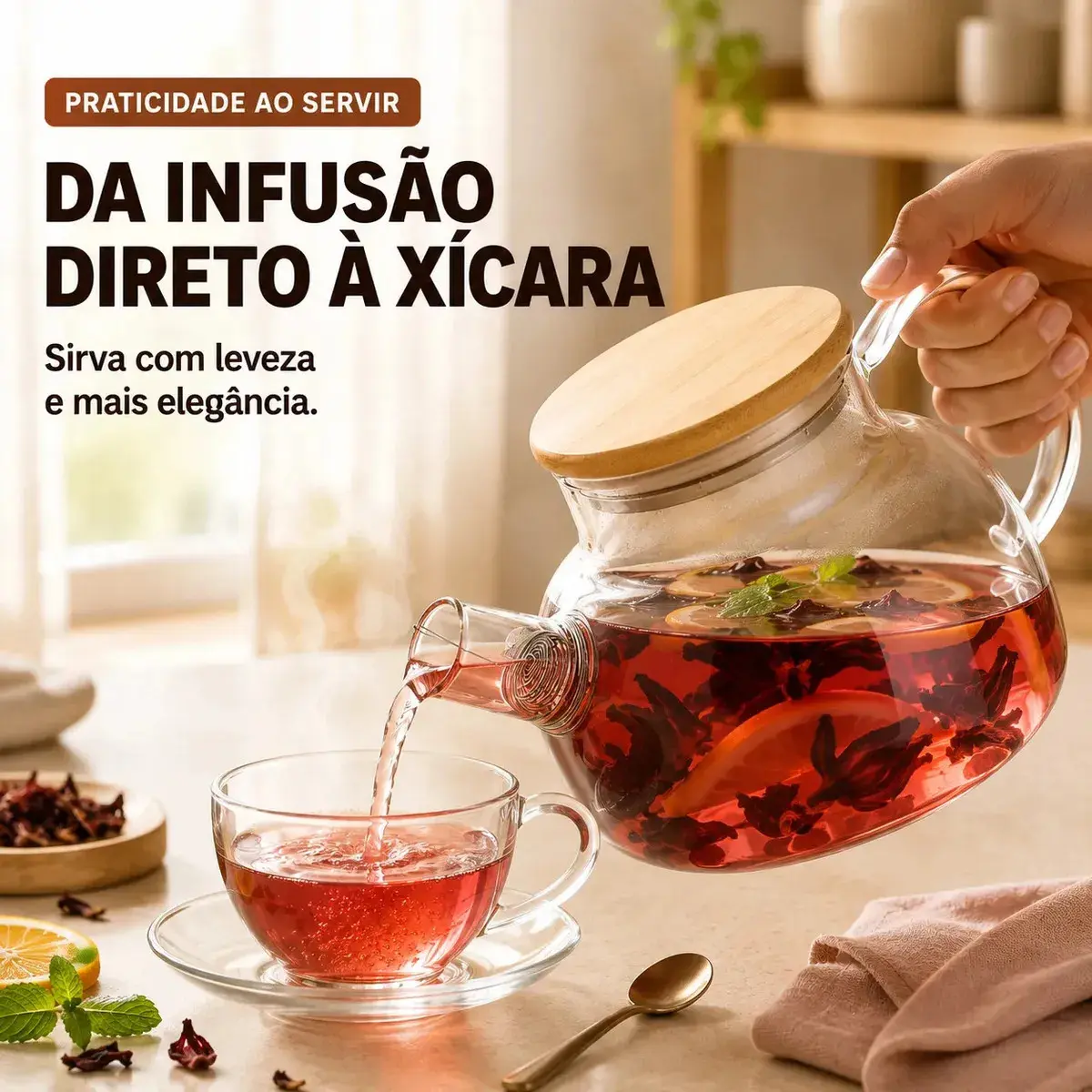 Bule de Vidro Borossilicato 1L 1000ml Chaleira com Tampa de Bambu Filtro Infusor Inox para Chá Café Água Quente Transparente Sólar thumbnail 6