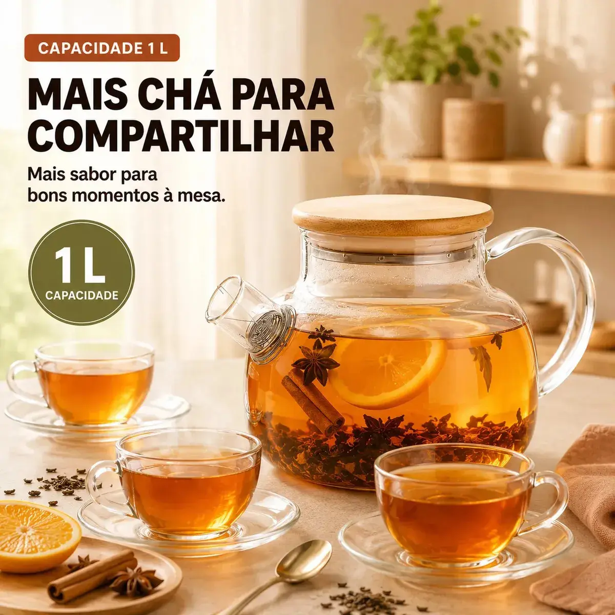 Bule de Vidro Borossilicato 1L 1000ml Chaleira com Tampa de Bambu Filtro Infusor Inox para Chá Café Água Quente Transparente Sólar thumbnail 8