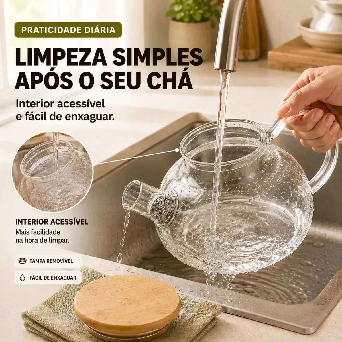 Bule de Vidro Borossilicato 1L 1000ml Chaleira com Tampa de Bambu Filtro Infusor Inox para Chá Café Água Quente Transparente Sólar thumbnail 9