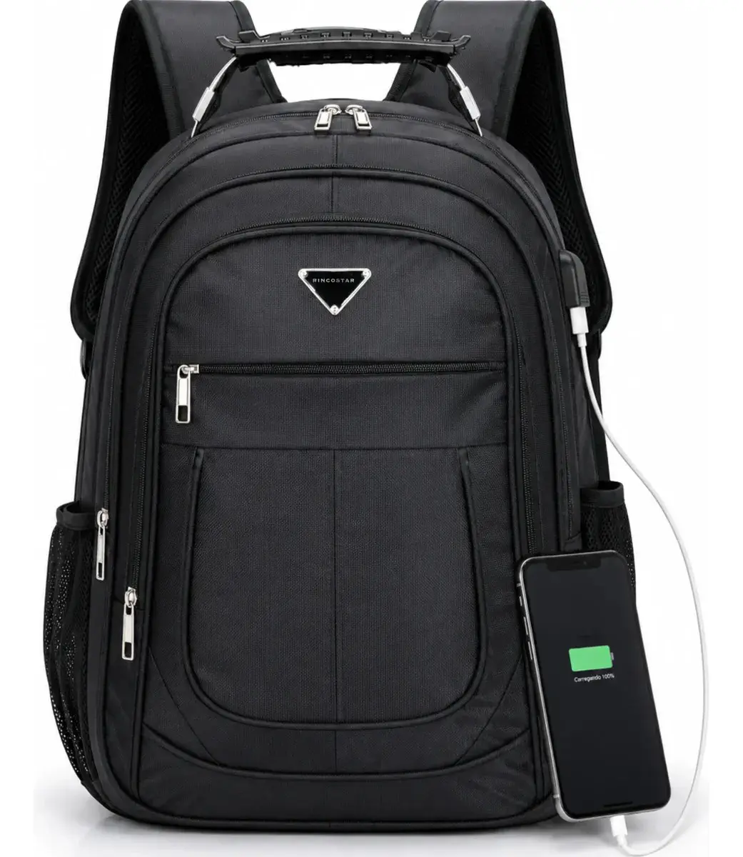 Mochila Notebook 17 Impermeável Reforçada Grande Masculina USB Escolar Trabalho Rincostar Preta Preto Liso