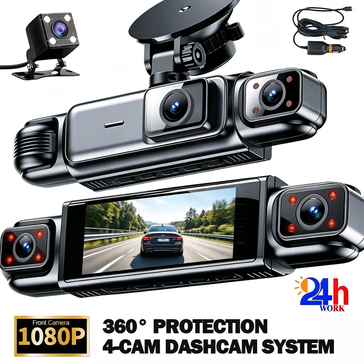 4 Canais 360 ° Câmera Veicular DVR FHD 1080P com Visão Noturna, Gravação em Loop e Monitoramento de Estacionamento 24H - 1