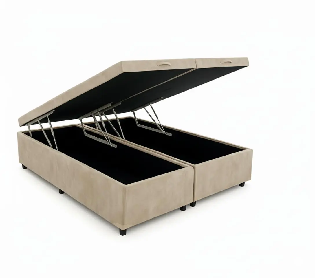 Cama Box Baú Queen Bipartido 79, Blindado, Pistão á Gás, Pés de Madeira (Suede, Bege)