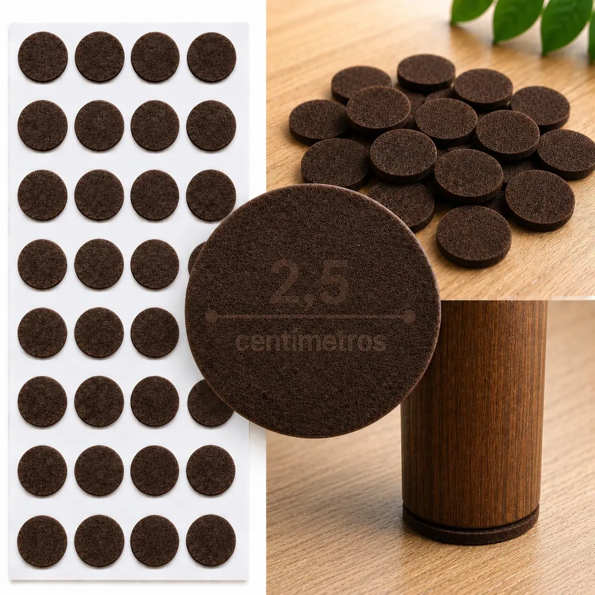 Kit 32 Feltros Adesivos Marrom Antirrisco 2,5cm x 3mm Redondos para Móveis